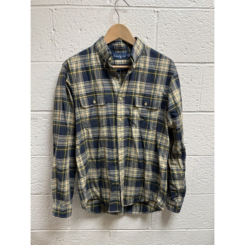 Ralph Lauren Shirt Mens Medium Blue Green Beige Plaid Custom Fit Dress Button Up